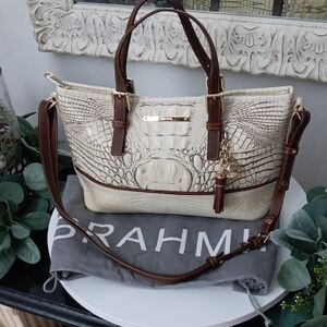 Brahmin Tan and Brown Croc-Embossed Satchel